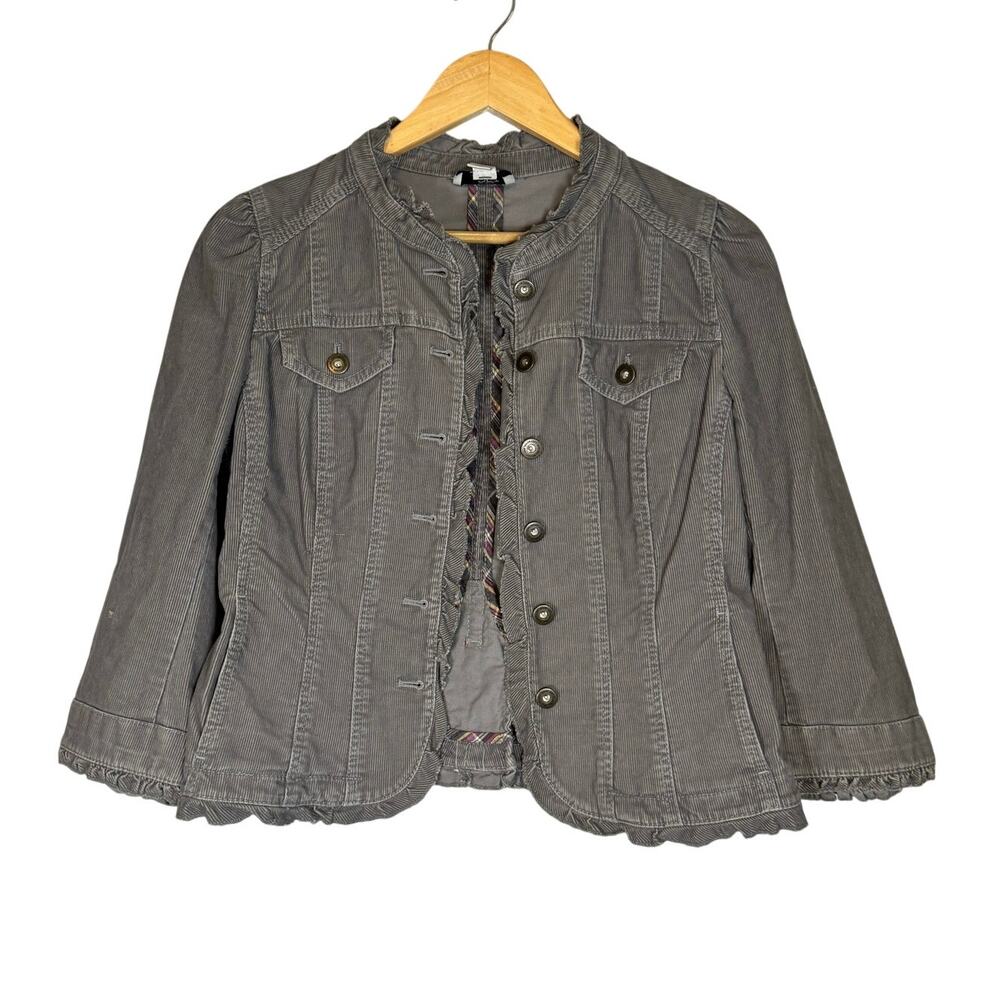 Y2K Ann Taylor Cropped Corduroy Jacket Military Inspired Womens 8 Gray Ribbed